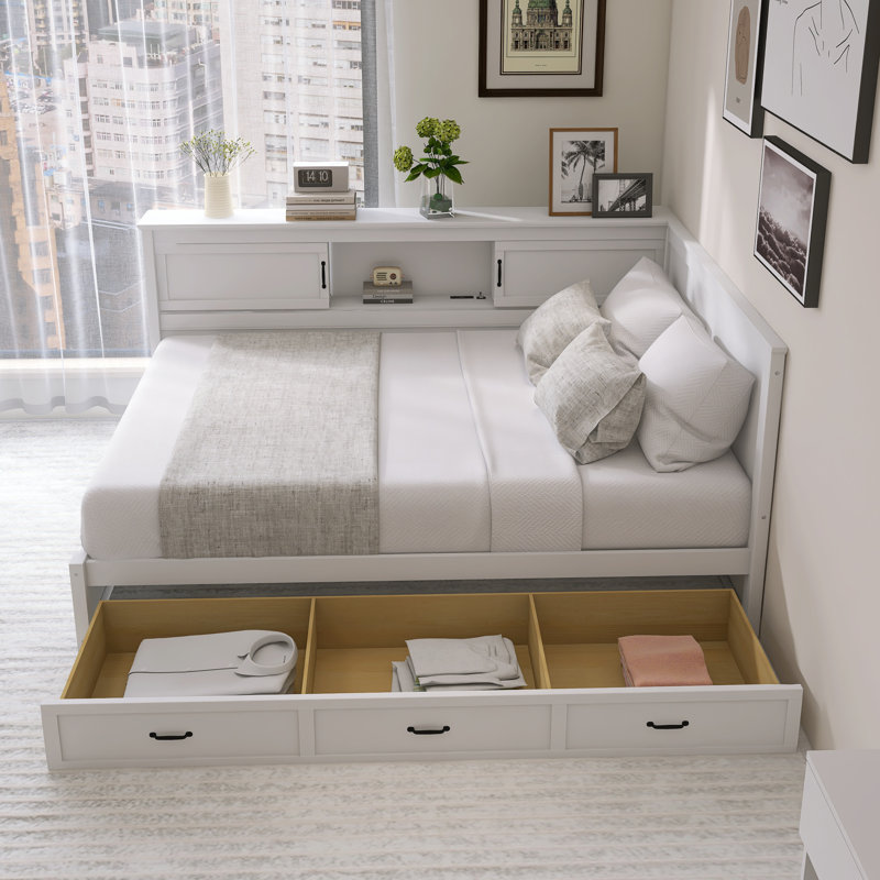Red Barrel Studio L Shaped Corner Bed Frame With Drawer Bookcase Led 